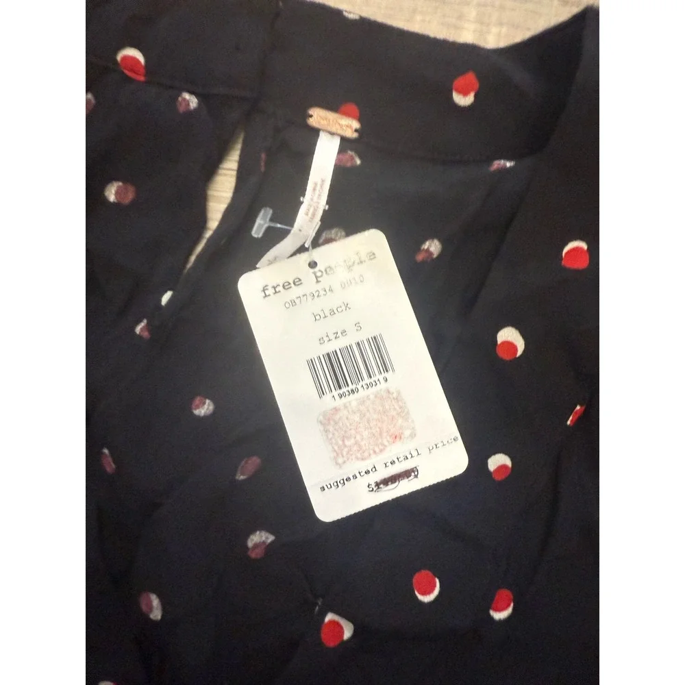 Free People Parker Smocked Polka Dot‎ Blouse - Black/Red - Size S - NWT